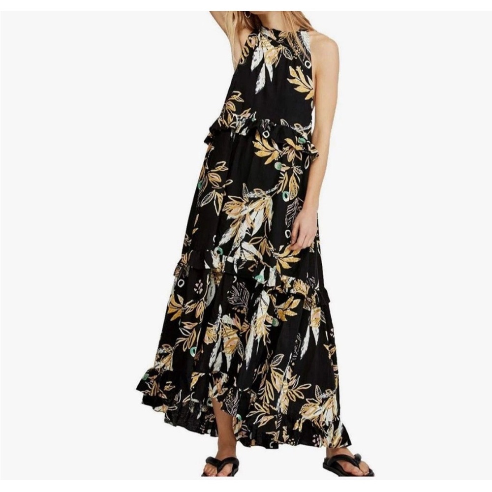 Free People Anita Maxi dress size S tiered black floral heavyweight cotton boho
